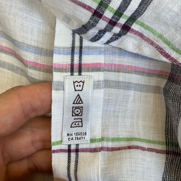 Thomas Dean Mens XL Tall 100% Linen Plaid Button Down Shirt White Multi Casual - Picture 16 of 16